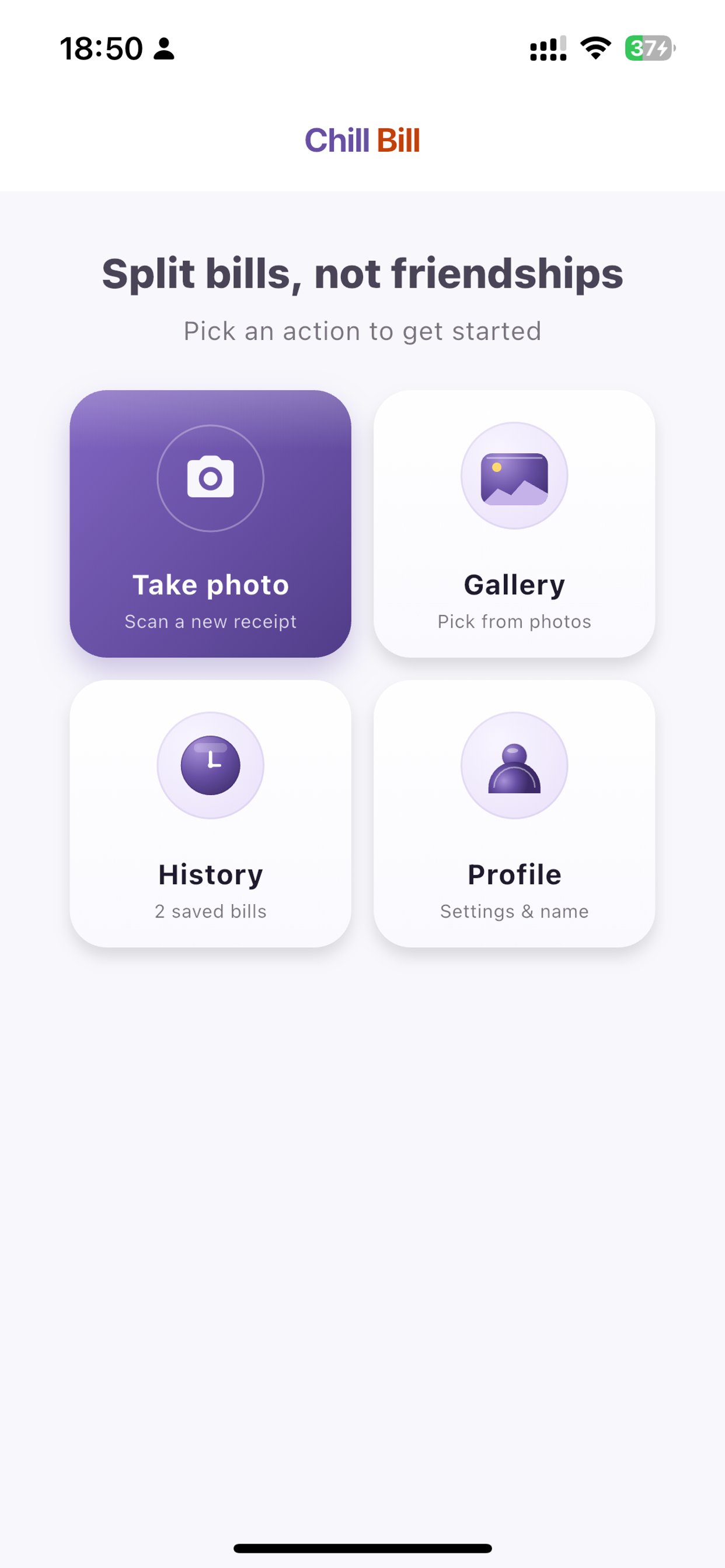 Chill Bill home screen with Take Photo, Gallery, History, and Profile tiles