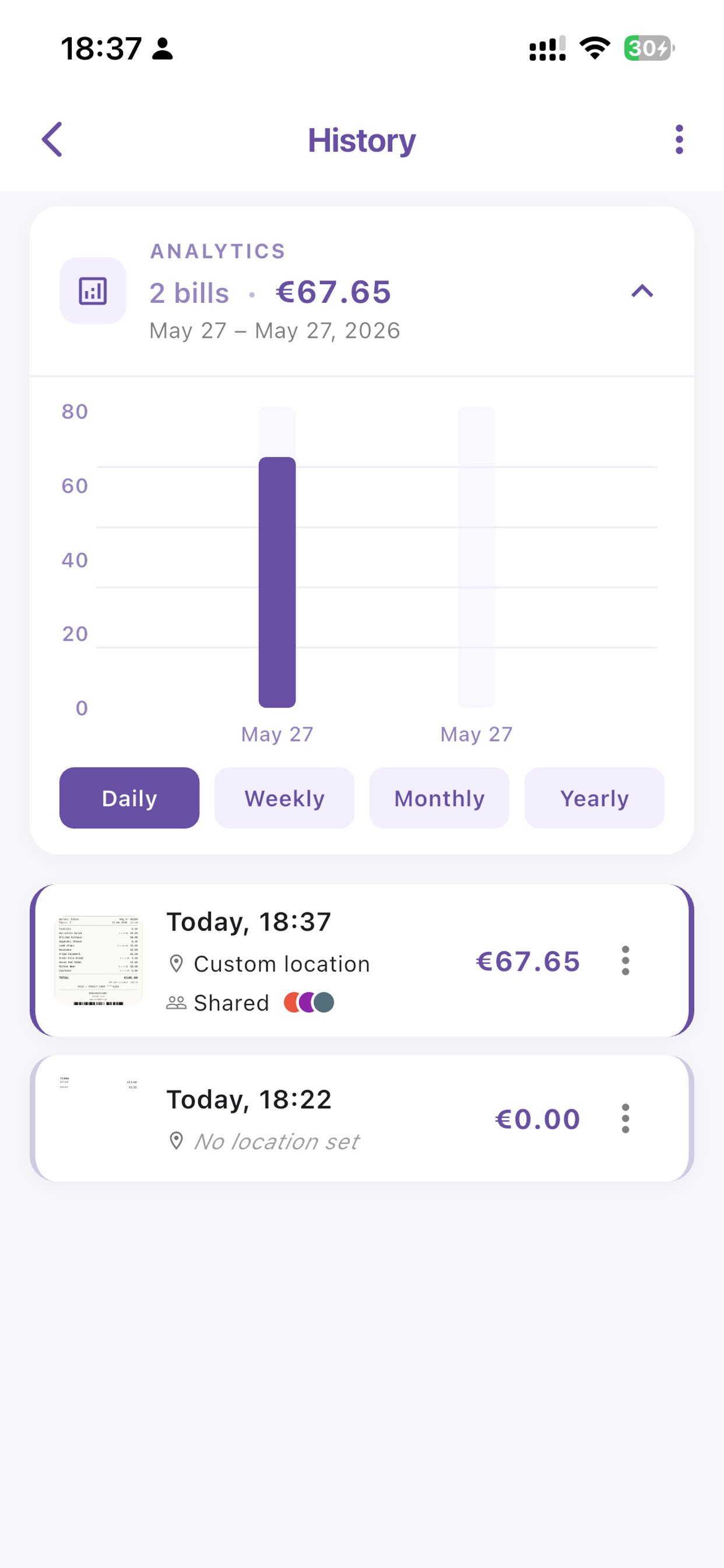 History screen with analytics chart and recent bills