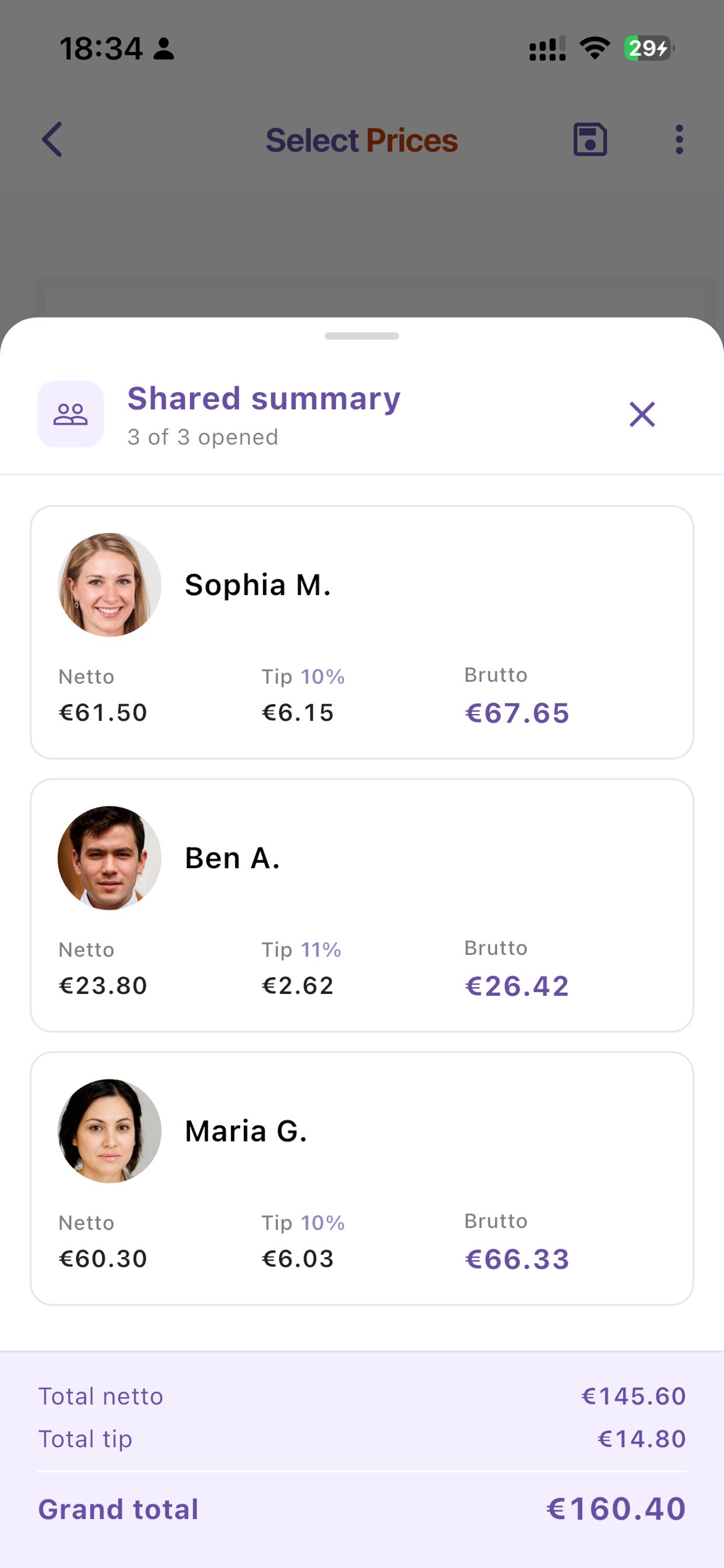 Shared summary showing each person's portion of the bill with photos