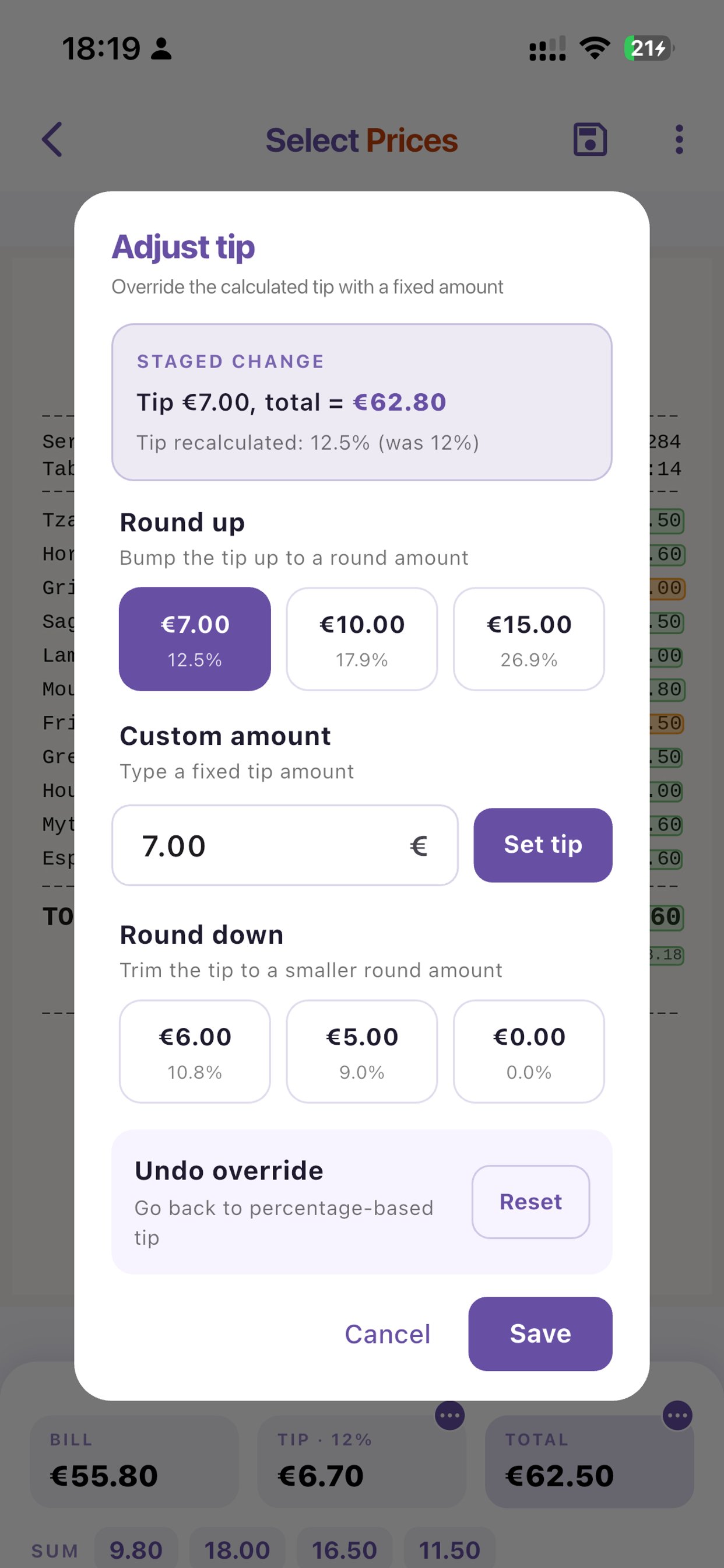 Adjust tip dialog with round-up, custom, and round-down options