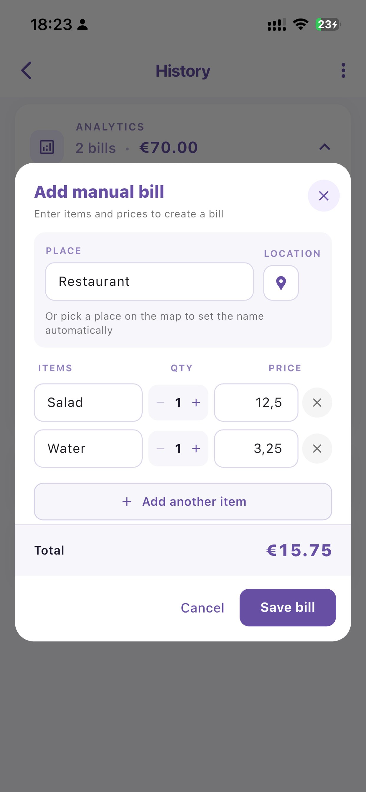 Add manual bill dialog for entering items without a receipt